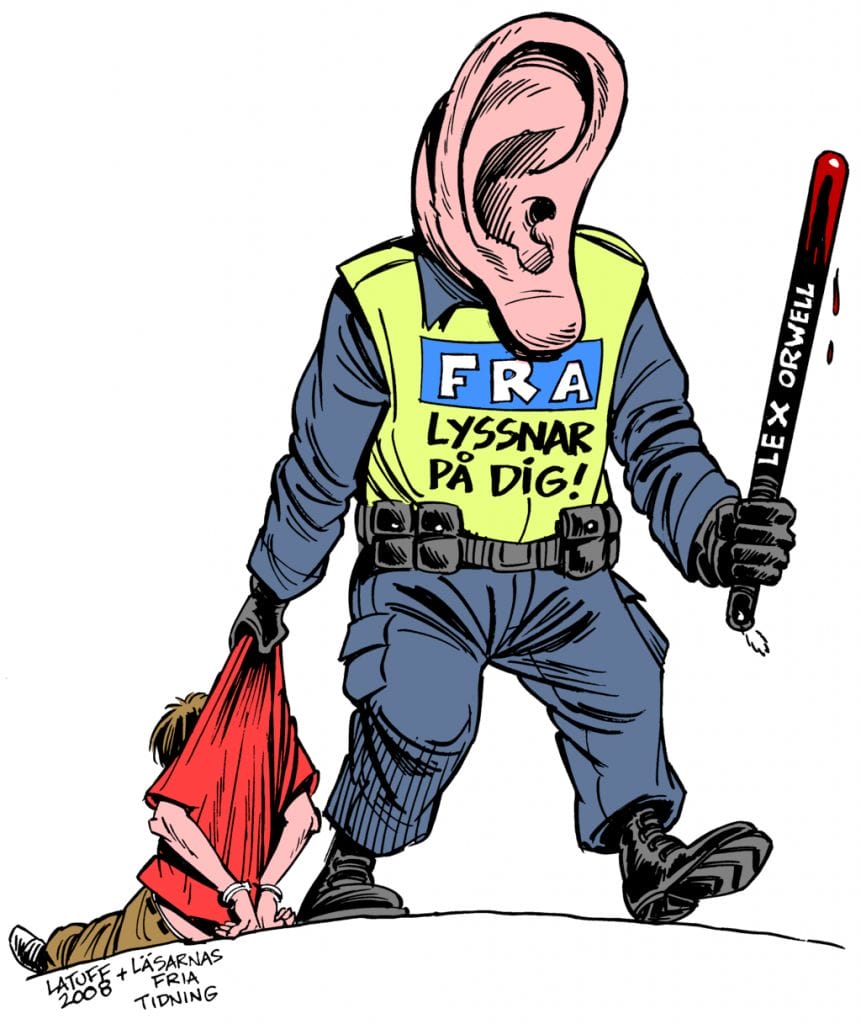 From 2008 concern that Swedish legislation known as the Lex Orwell could turn Sweden into a sort of surveillance society. Cop jacket reads "FRA is listening to you!" Cartoon by Carlos Latuff [Copyrighted free use], via Wikimedia Commons