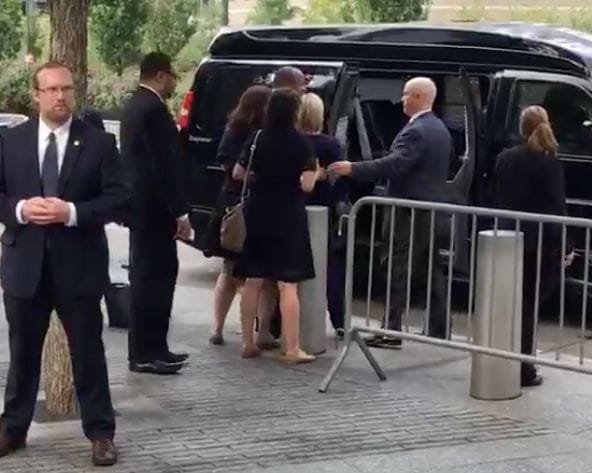Clinton being helped prior to slumping and being pulled into her van. Courtesy: Zdenek Gazda on Twitter